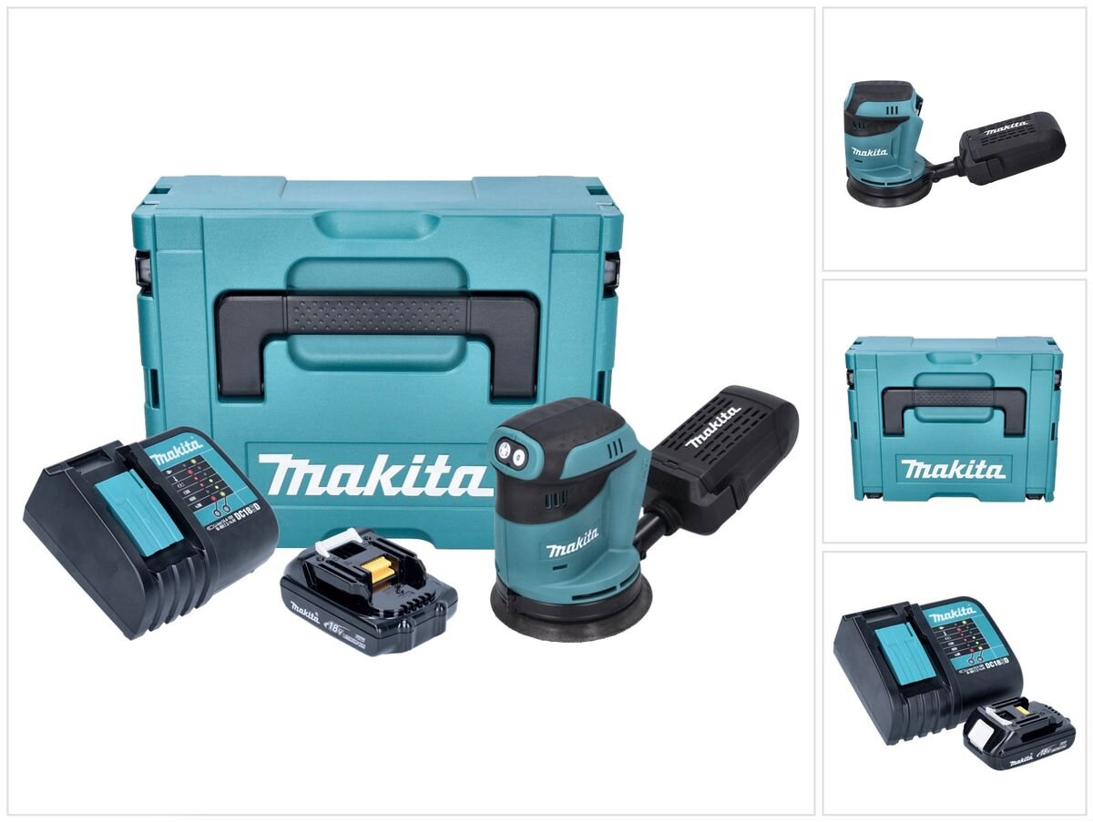 Makita DBO 180 SY1J akumuliatorinis ekscentrinis šlifuoklis 18 V 125 mm + 1x baterija 1.5 Ah + įkroviklis + Makpac kaina ir informacija | Šlifuokliai | pigu.lt