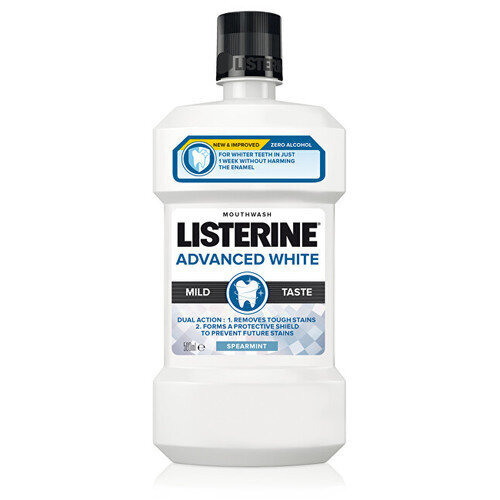 Burnos skalavimo skystis Listerine Advanced White Mild Taste, 500 ml цена и информация | Dantų šepetėliai, pastos | pigu.lt
