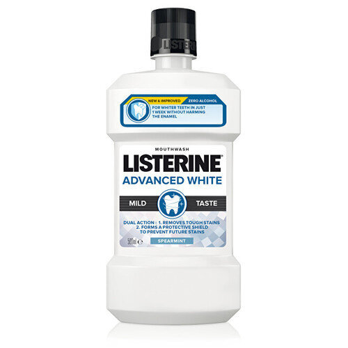 Burnos skalavimo skystis Listerine Advanced White Mild Taste, 500 ml kaina ir informacija | Dantų šepetėliai, pastos | pigu.lt