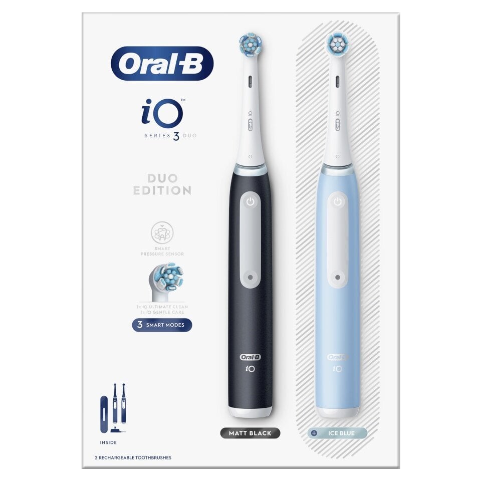 Oral-B iO3 Series Matt Black/Ice Blue Duo Pack kaina ir informacija | Elektriniai dantų šepetėliai | pigu.lt