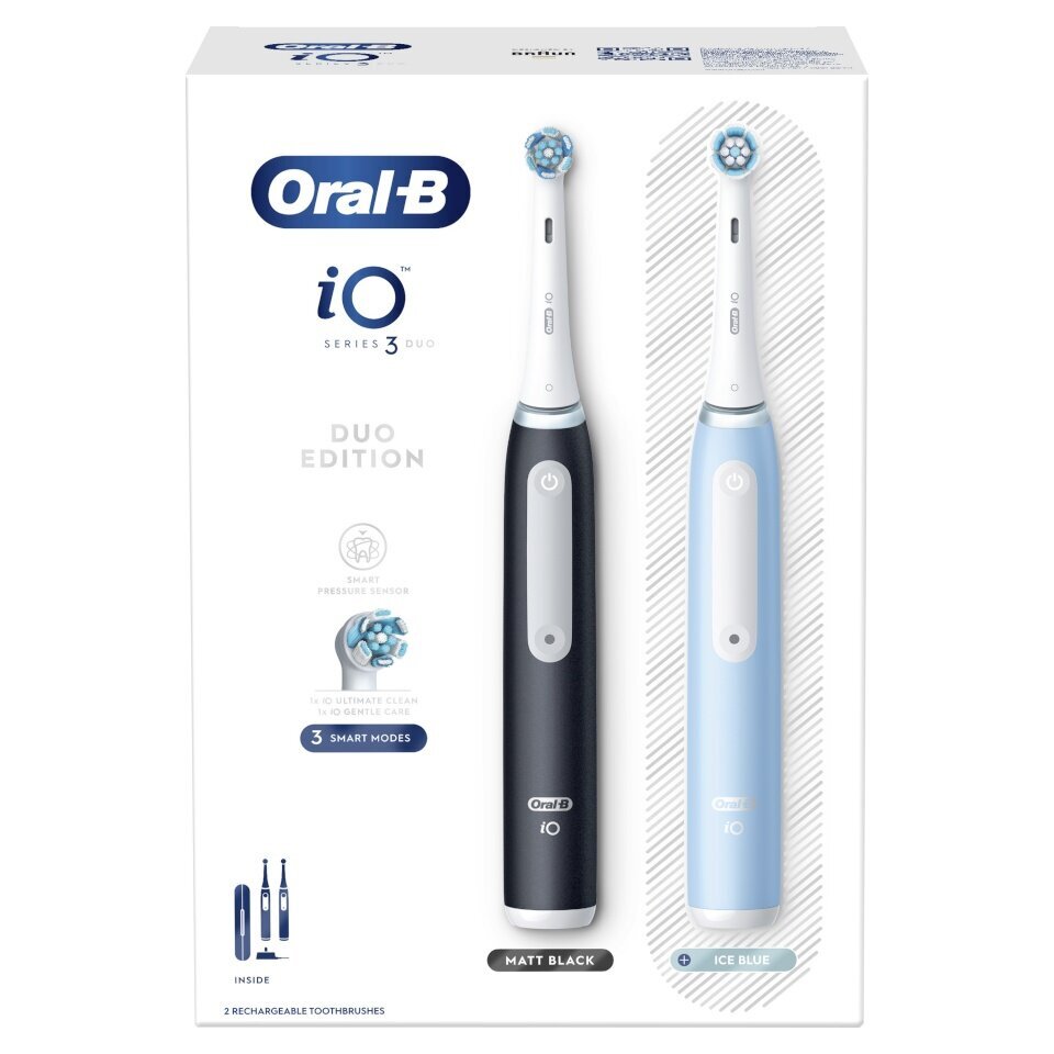 Oral-B iO3 Series Matt Black/Ice Blue Duo Pack kaina ir informacija | Elektriniai dantų šepetėliai | pigu.lt