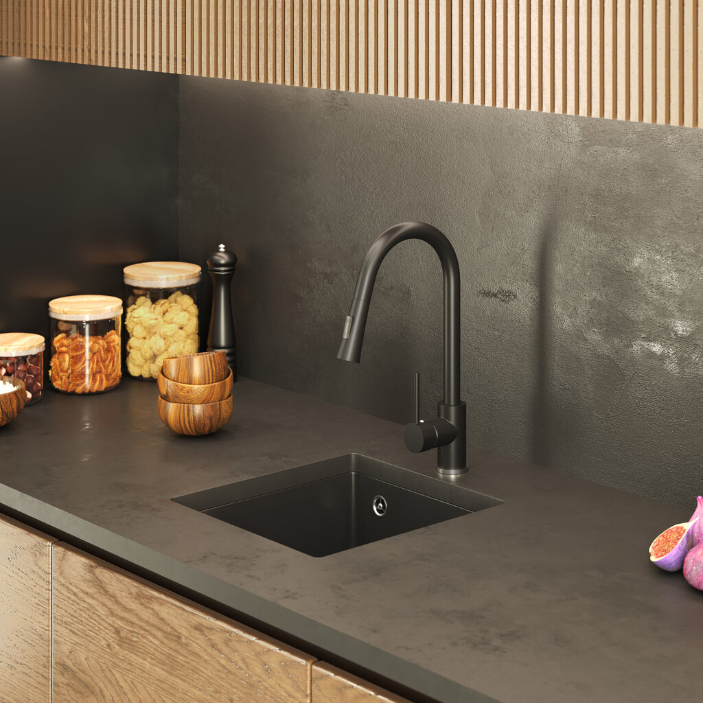 Granito kriauklė su sifonu Granitan mini 45, juoda kaina ir informacija | Virtuvinės plautuvės | pigu.lt
