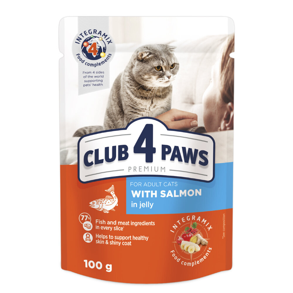 Club 4 Paws Premium suaugusioms katėms su lašiša drebučiuose, 100 g x 24 vnt. цена и информация | Konservai katėms | pigu.lt