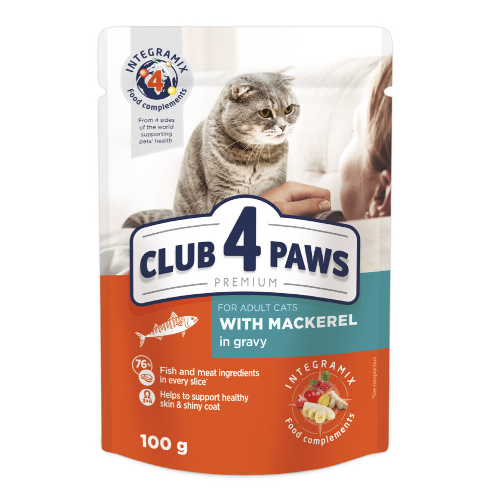 Club 4 Paws Premium suaugusioms katėms su skumbre padaže, 100 g x 24 vnt. kaina ir informacija | Konservai katėms | pigu.lt