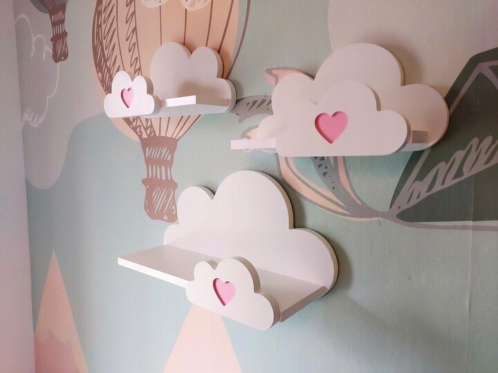 3-ų dalių sieninė lentyna debesėlis su širdele Moliland, balta kaina ir informacija | Vaikiškos lentynos | pigu.lt