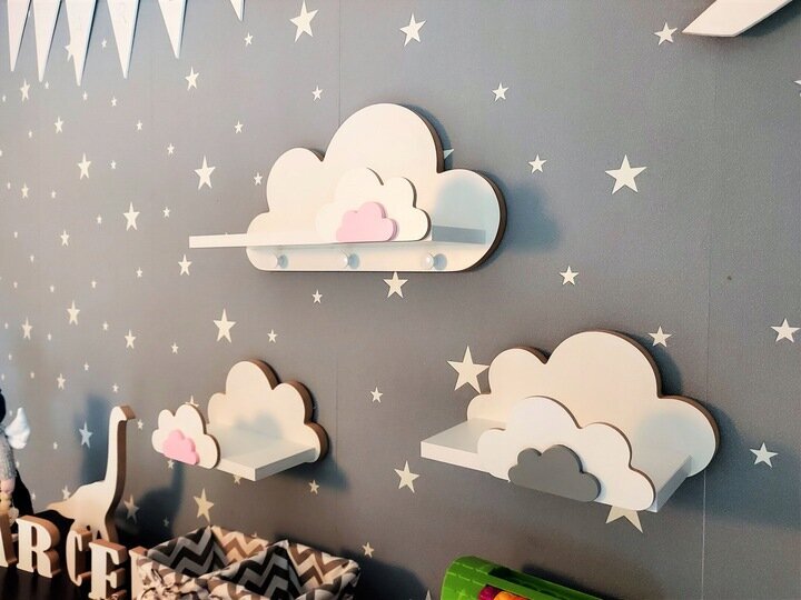 3-ų dalių sieninė lentyna debesėlis Moliland, balta/rožinė kaina ir informacija | Vaikiškos lentynos | pigu.lt
