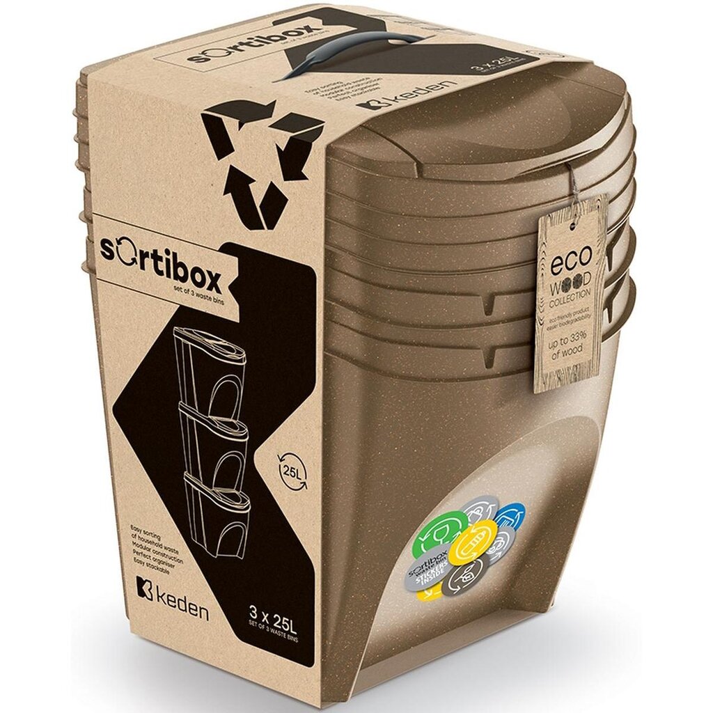 Eco Wood atliekų dėžės, 25 L, 3 vnt. kaina ir informacija | Šiukšliadėžės | pigu.lt