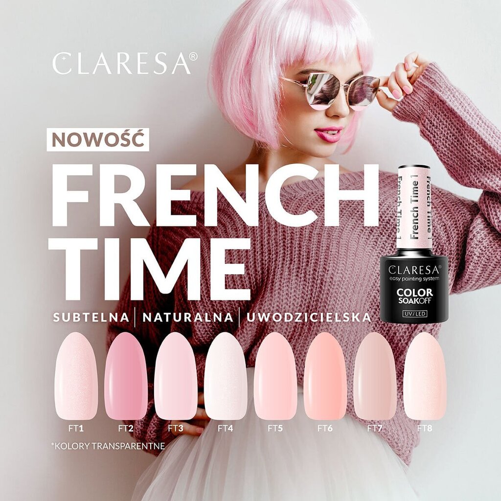 Gelinis nagų lakas Claresa Color Soak Off French Time, Nr.1 rožinis, 5 g kaina ir informacija | Nagų lakai, stiprintojai | pigu.lt