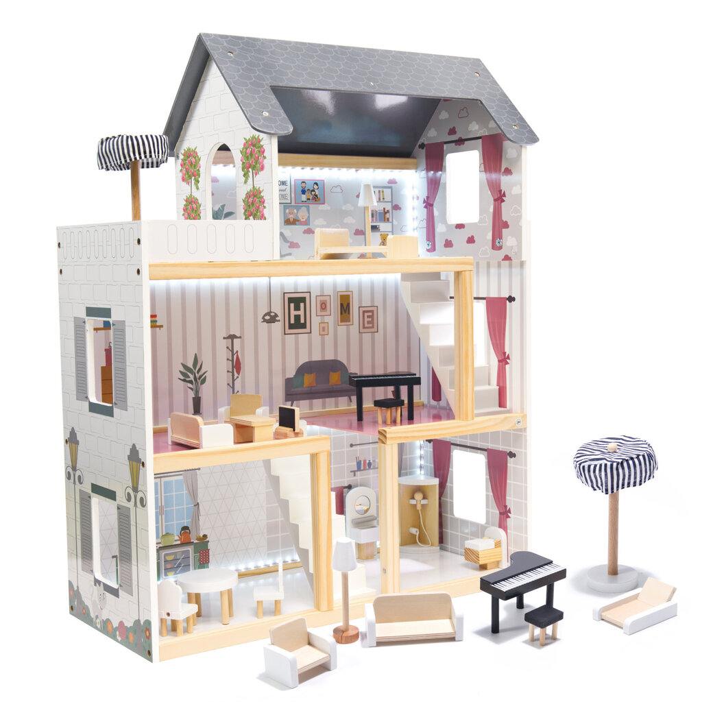 Medinis lėlių namelis su LED apšvietimu kaina ir informacija | Žaislai mergaitėms | pigu.lt