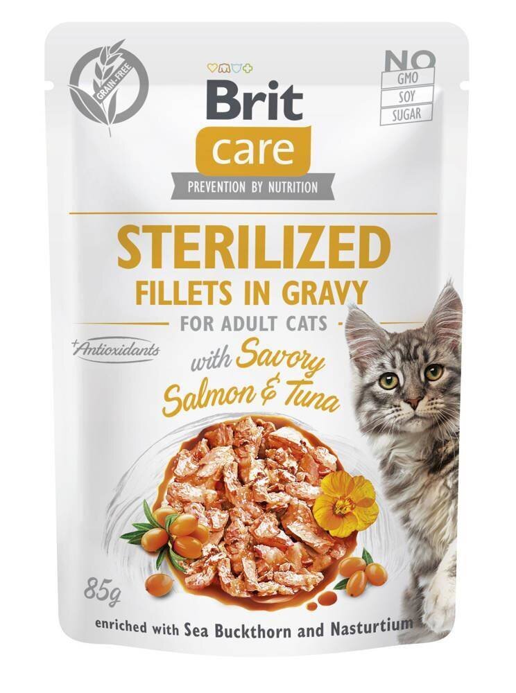 Brit Care Fillets in Gravy terilizuotoms katėms su lašiša ir tunu, 24x85 g kaina ir informacija | Konservai katėms | pigu.lt