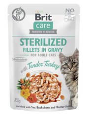 Brit Care Fillets in Gravy suaugusioms sterilizuotoms katėms su kalakutiena, 24x85g kaina ir informacija | Konservai katėms | pigu.lt