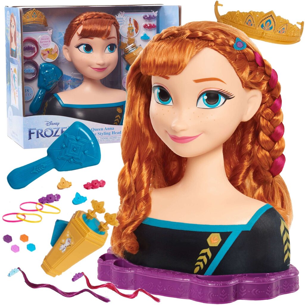 Plaukų modeliavimo galvos lėlė Deluxe Princess Anna Frozen + priedai kaina ir informacija | Žaislai mergaitėms | pigu.lt