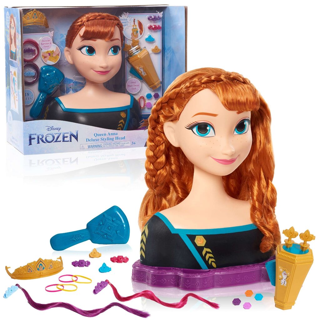 Plaukų modeliavimo galvos lėlė Deluxe Princess Anna Frozen + priedai kaina ir informacija | Žaislai mergaitėms | pigu.lt