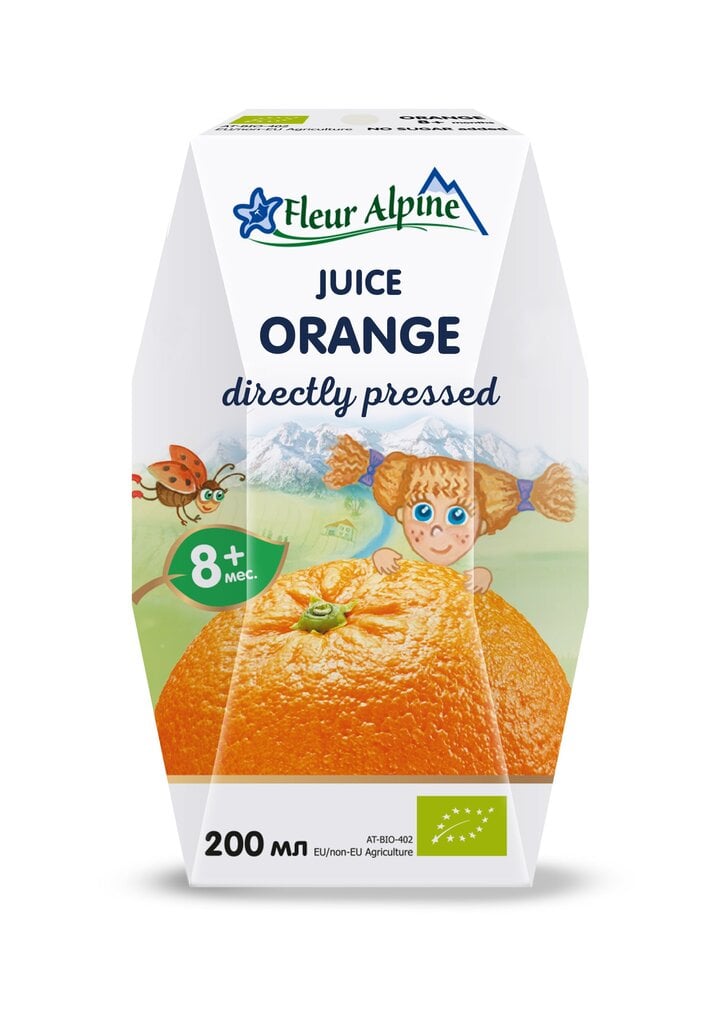 Ekologiškos tiesioginio spaudimo apelsinų sultys Fleur Alpine, vaikams nuo 8 mėn, 3 x 200 ml цена и информация | Užkandžiai, gėrimai vaikams | pigu.lt