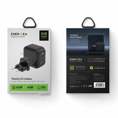 ENERGEA ład. siec. 1xUSB+2xUSB-C PD-PPS-QC 3.0 66W 2C1A czarny|black US+EU Travelite GAN66 цена и информация | Зарядные устройства для телефонов | pigu.lt