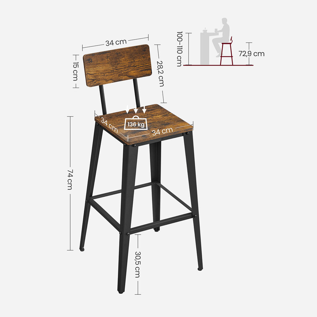 Baro kėdžių komplektas Songmics, juoda/ruda kaina ir informacija | Virtuvės ir valgomojo kėdės | pigu.lt