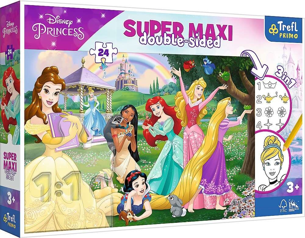 Dvipusė dėlionė Super Maxi Disney Happy Princesses 3in1, 24 d. цена и информация | Dėlionės (puzzle) | pigu.lt