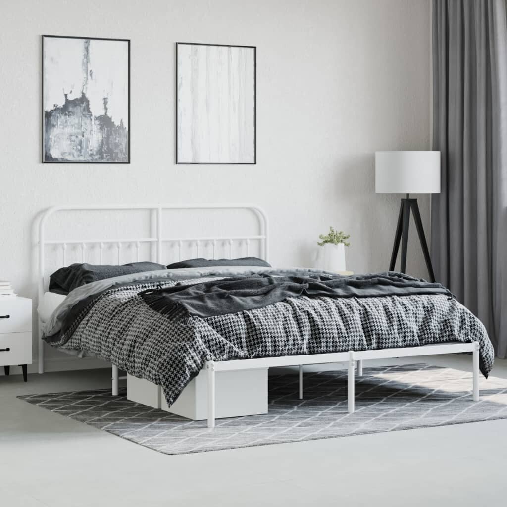 Metalinis lovos rėmas su galvūgaliu vidaXL, baltas kaina ir informacija | Lovos | pigu.lt