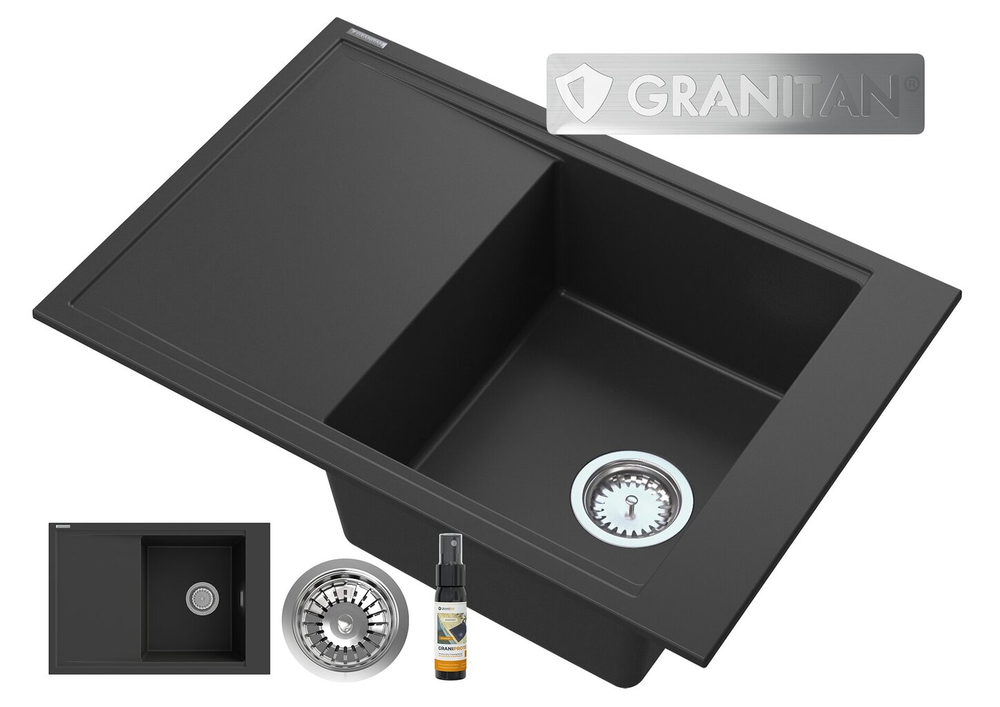 Granito kriauklė su nusausintuvu, Granitan Lepe, juoda цена и информация | Virtuvinės plautuvės | pigu.lt