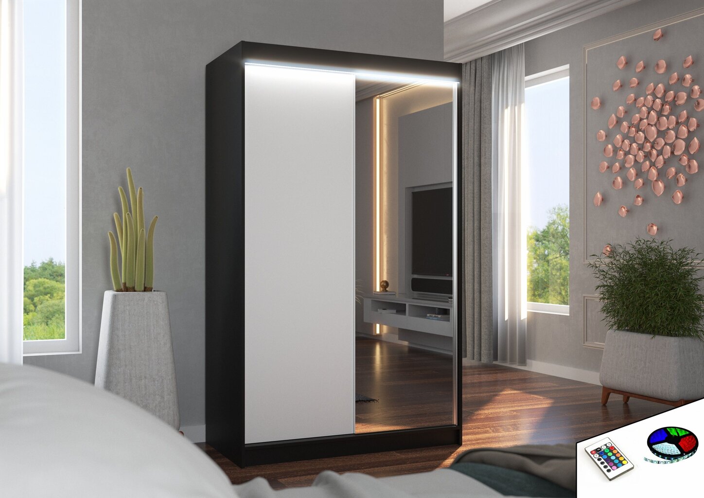 Spinta ADRK Furniture su LED apšvietimu Rewena 120, balta/juoda kaina ir informacija | Spintos | pigu.lt