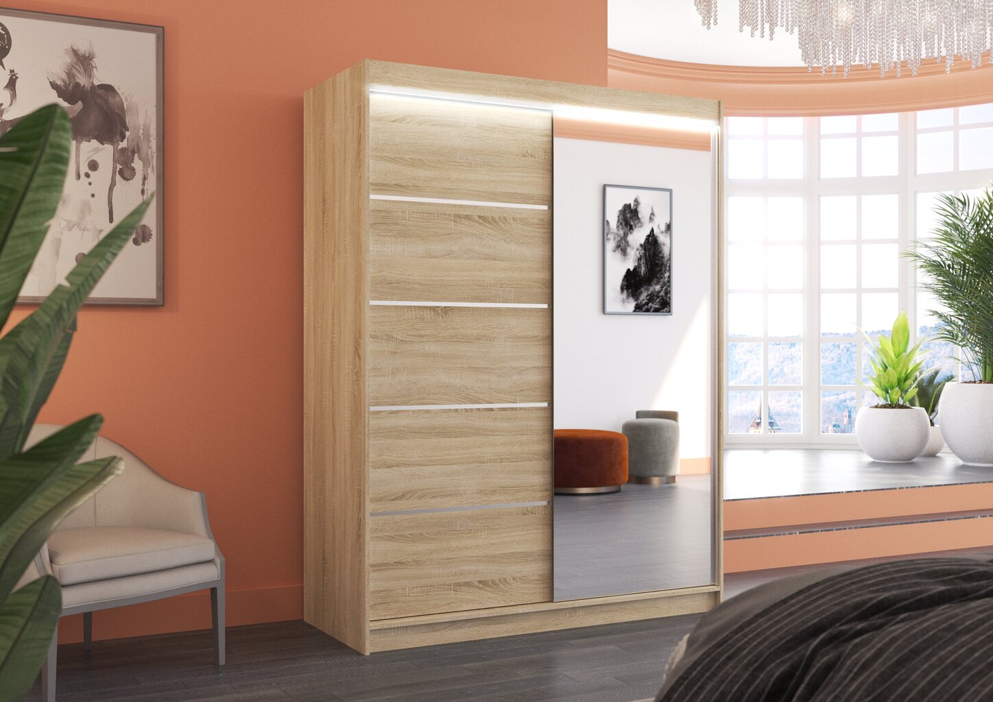 Spinta ADRK Furniture su LED apšvietimu Limbo 150, smėlio kaina ir informacija | Spintos | pigu.lt