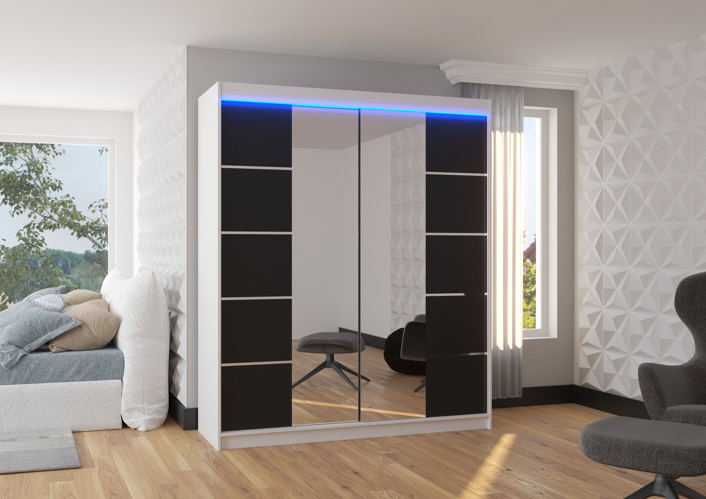 Spinta ADRK Furniture su LED apšvietimu Traves 180, juoda/balta цена и информация | Spintos | pigu.lt