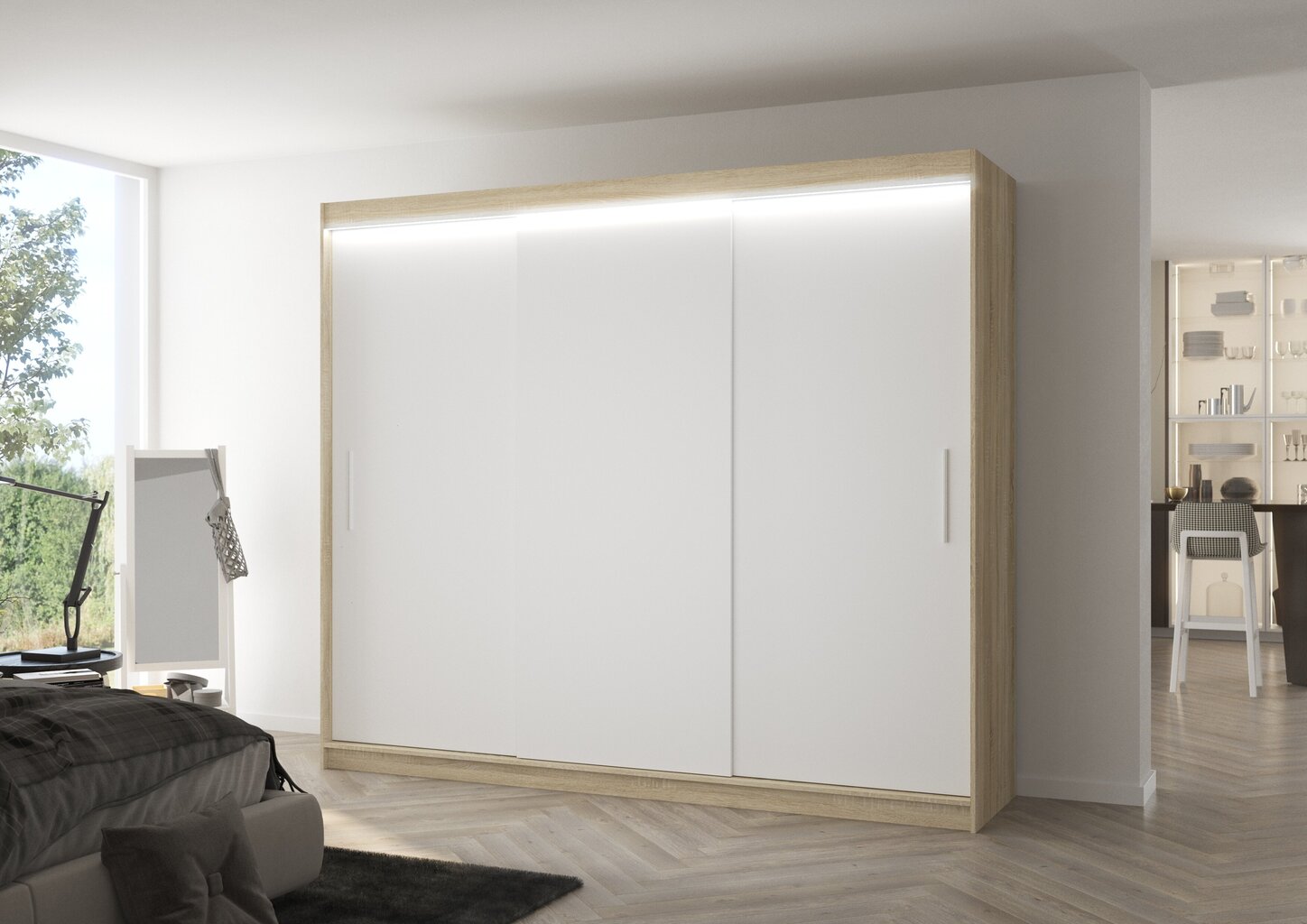 Spinta ADRK Furniture su LED apšvietimu Antos 250, balta/smėlio kaina ir informacija | Spintos | pigu.lt