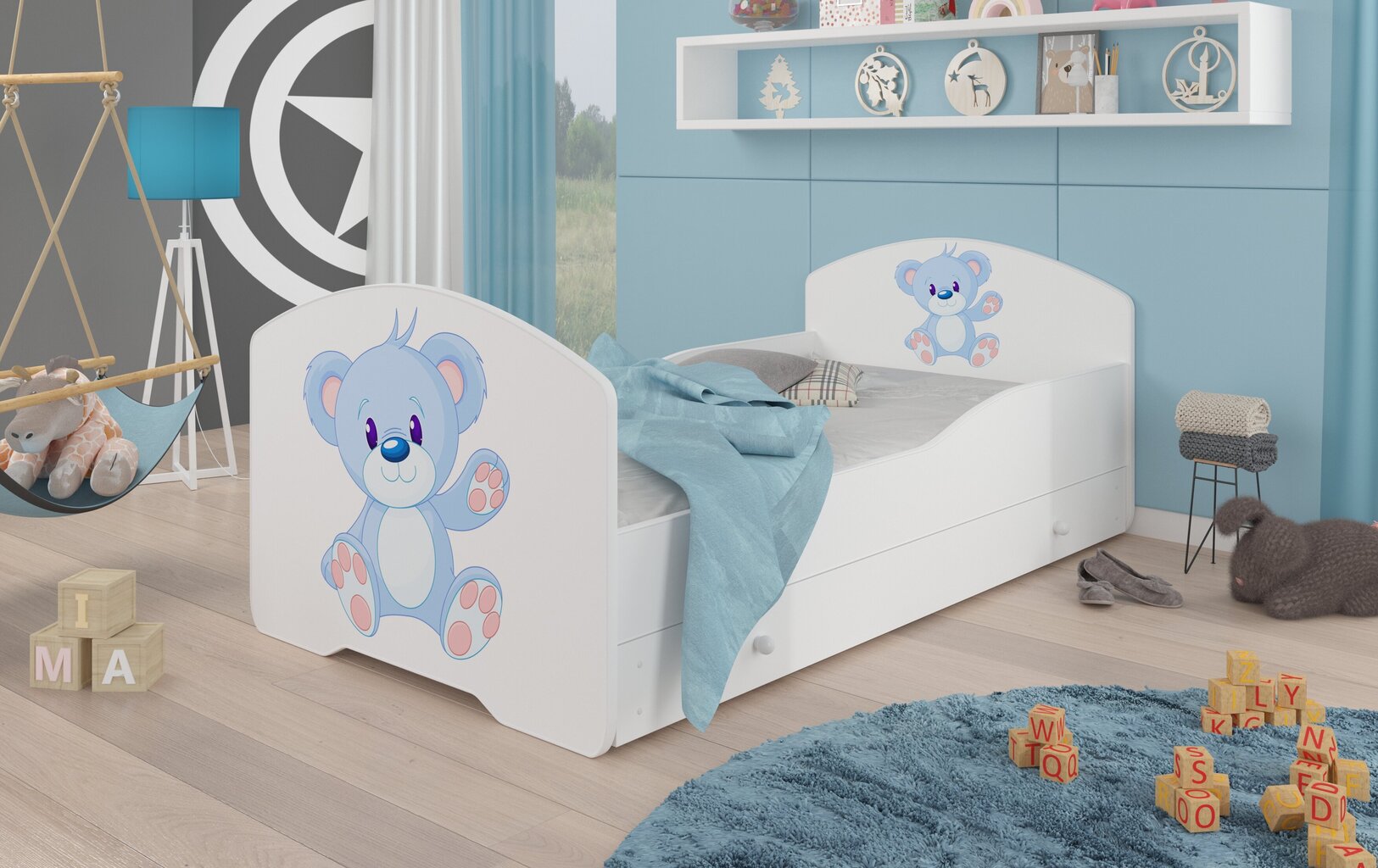 Vaikiška lova Adrk Furniture Pepe blue Bear, 70x140 cm, balta kaina ir informacija | Vaikiškos lovos | pigu.lt