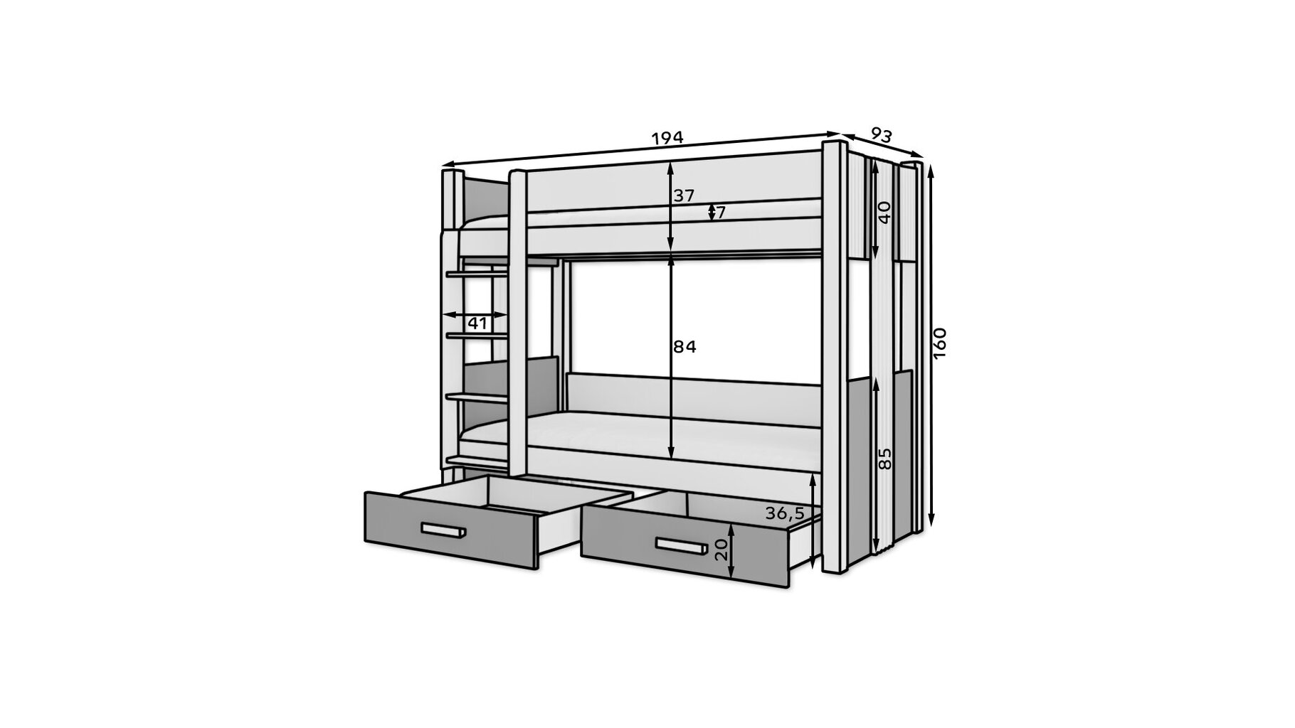 Dviaukštė lova Adrk Furniture Arta su čiužiniu, 80x180 cm, balta/pilka kaina ir informacija | Vaikiškos lovos | pigu.lt