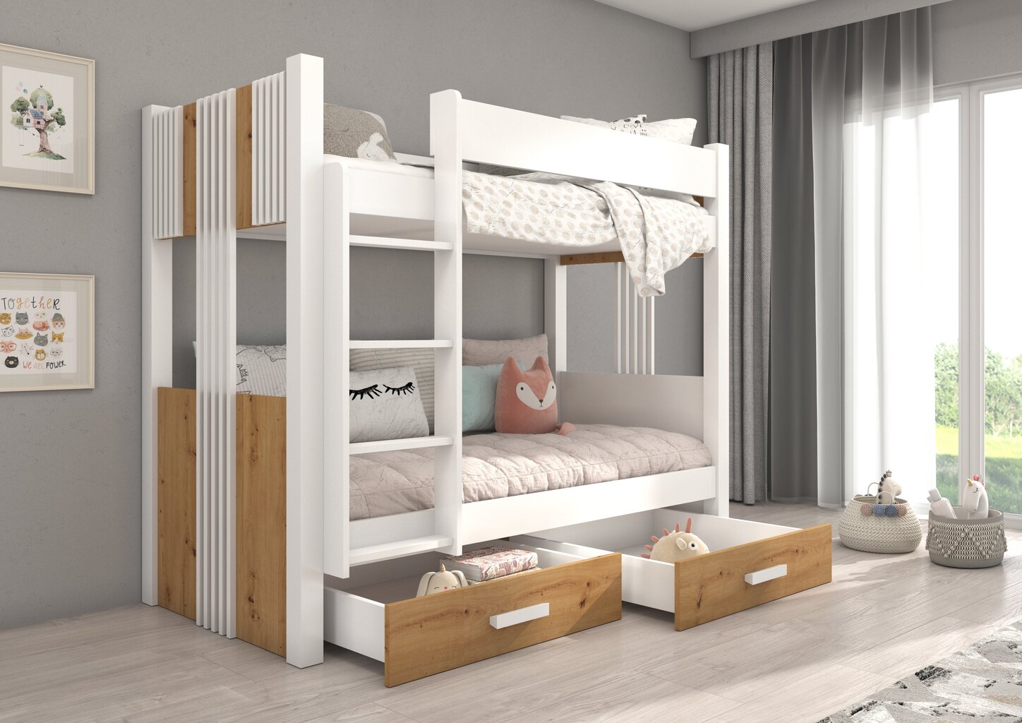 Dviaukštė lova Adrk Furniture Arta su čiužiniu, 80x180 cm, balta/ruda kaina ir informacija | Vaikiškos lovos | pigu.lt