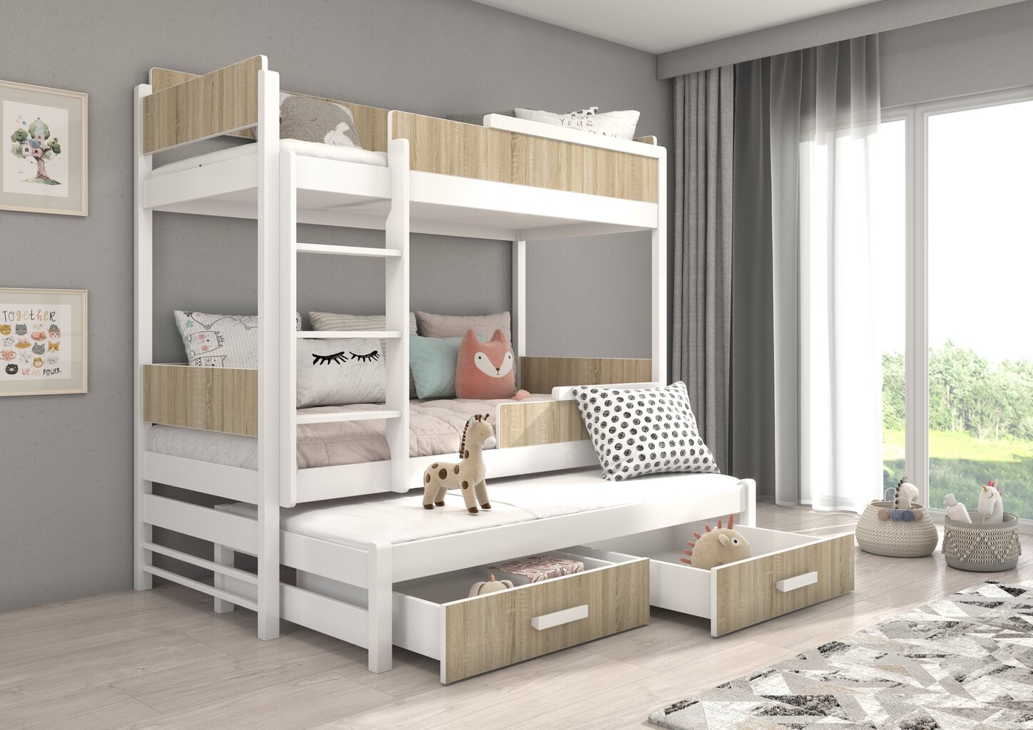 Dviaukštė lova ADRK Furniture Queen su čiužiniais, 80x180 cm, balta/ruda kaina ir informacija | Vaikiškos lovos | pigu.lt