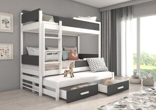 Dviaukštė lova ADRK Furniture Queen su čiužiniais, 90x200 cm, balta/pilka kaina ir informacija | Vaikiškos lovos | pigu.lt