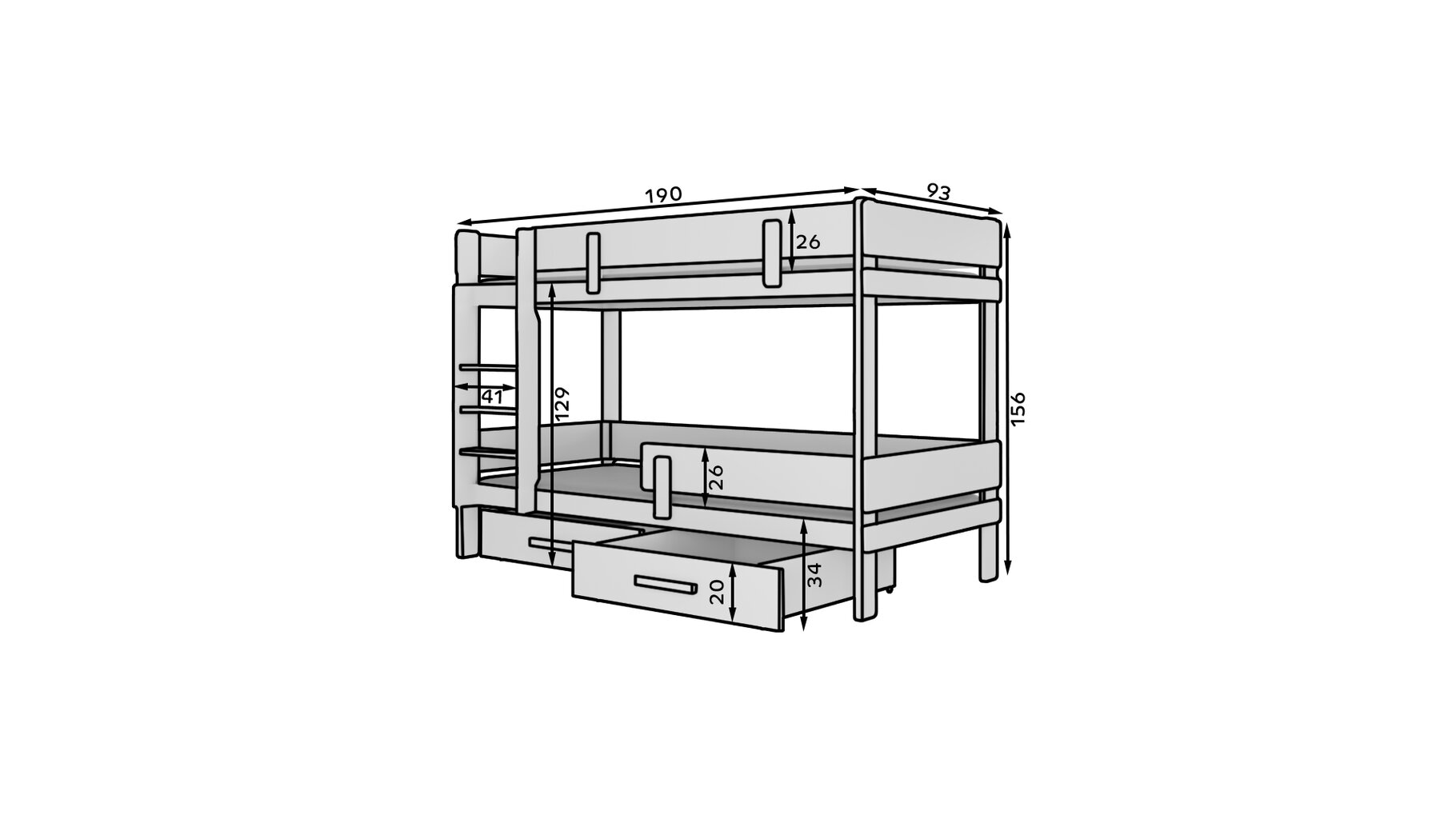 Dviaukštė lova ADRK Furniture Etiona, 80x180 cm, balta/pilka kaina ir informacija | Vaikiškos lovos | pigu.lt