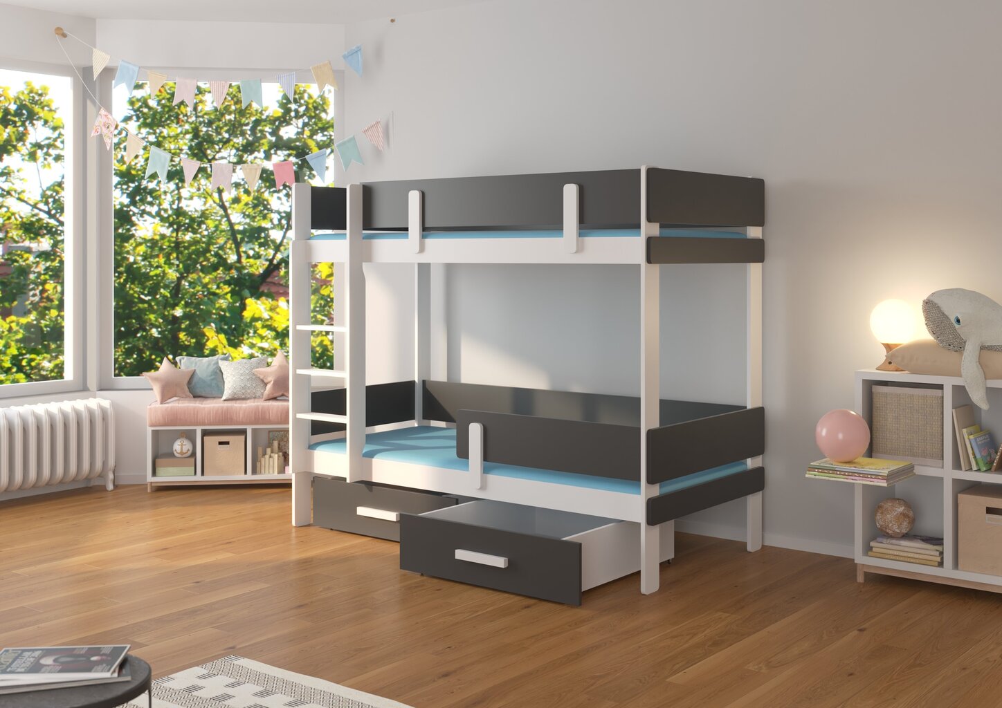 Dviaukštė lova Adrk Furniture Etiona su čiužiniu, 80x180 cm, balta/juoda kaina ir informacija | Vaikiškos lovos | pigu.lt