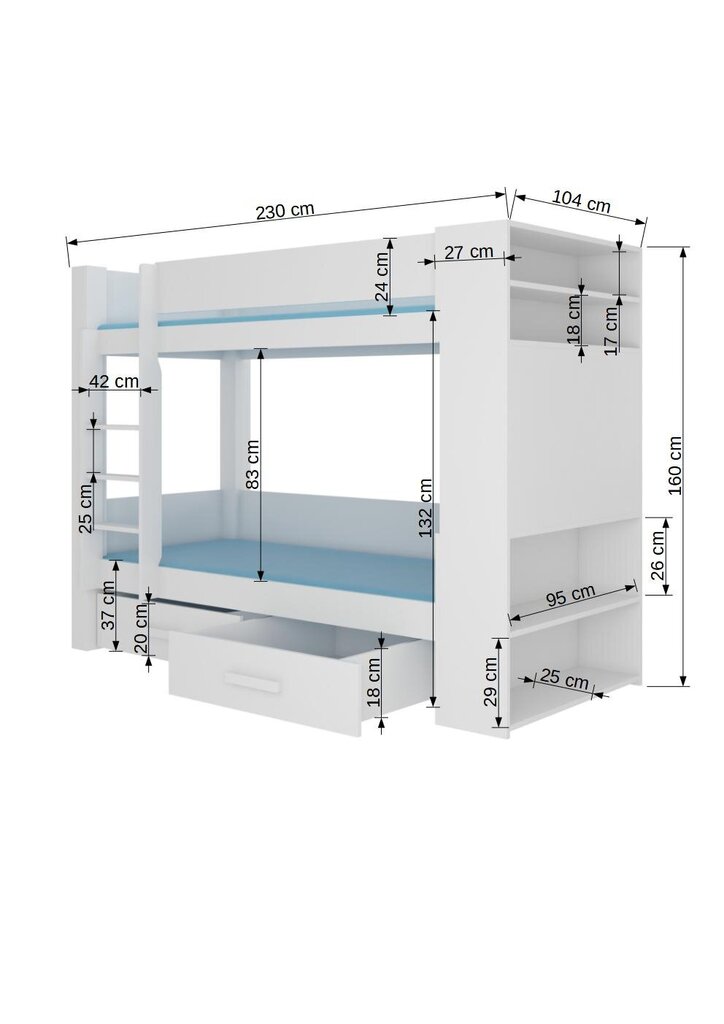 Dviaukštė lova Adrk Furniture Garet, 90x200 cm, balta/ruda kaina ir informacija | Vaikiškos lovos | pigu.lt