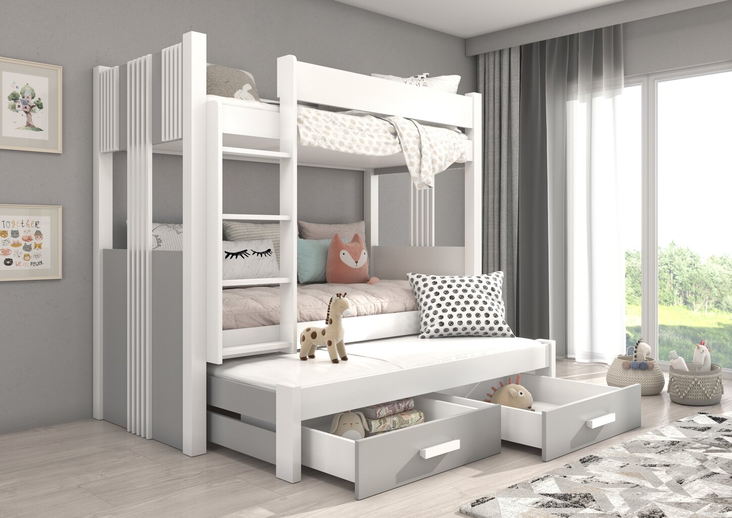 Dviaukštė lova Adrk Furniture Artema, 90x200 cm, balta/pilka kaina ir informacija | Vaikiškos lovos | pigu.lt