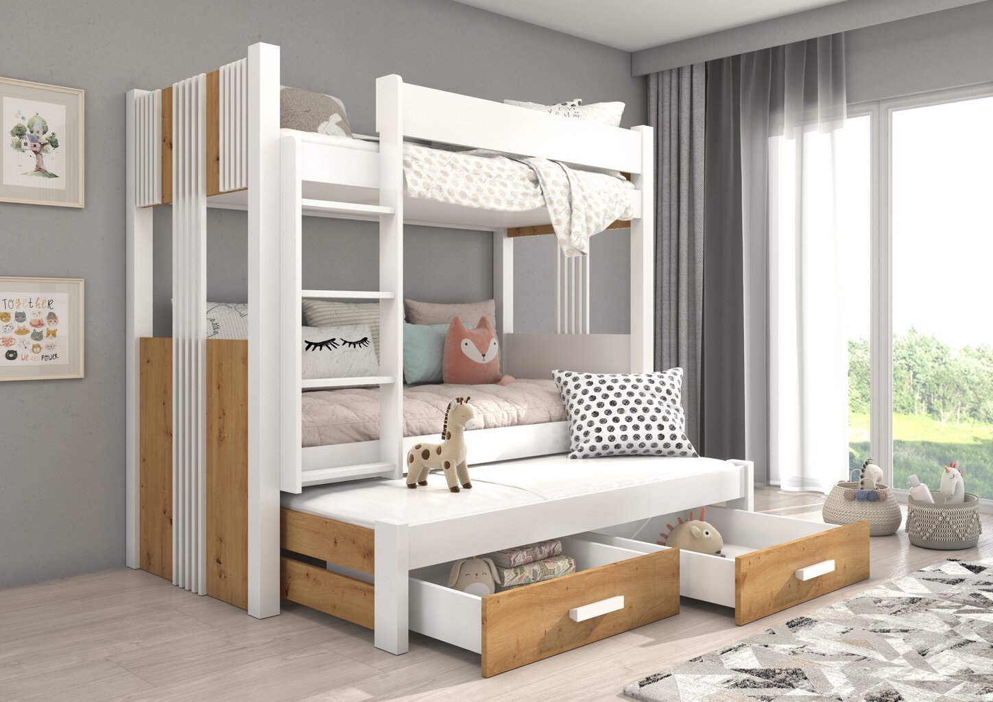 Dviaukštė lova Adrk Furniture Artema su čiužiniais, 80x180 cm, balta/ruda kaina ir informacija | Vaikiškos lovos | pigu.lt
