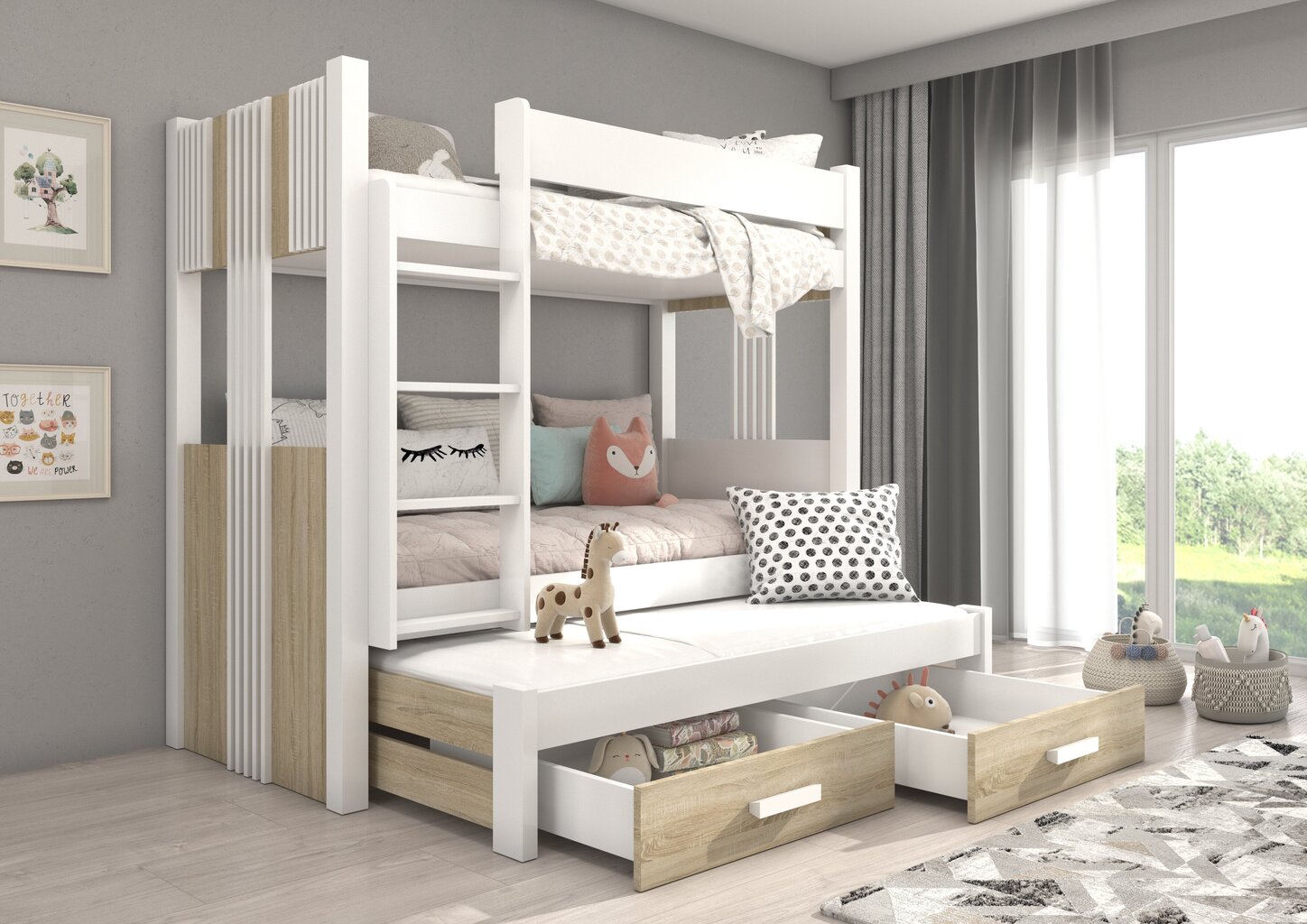 Dviaukštė lova ADRK Furniture Artema su čiužiniais, 90x200 cm, balta/ruda kaina ir informacija | Vaikiškos lovos | pigu.lt