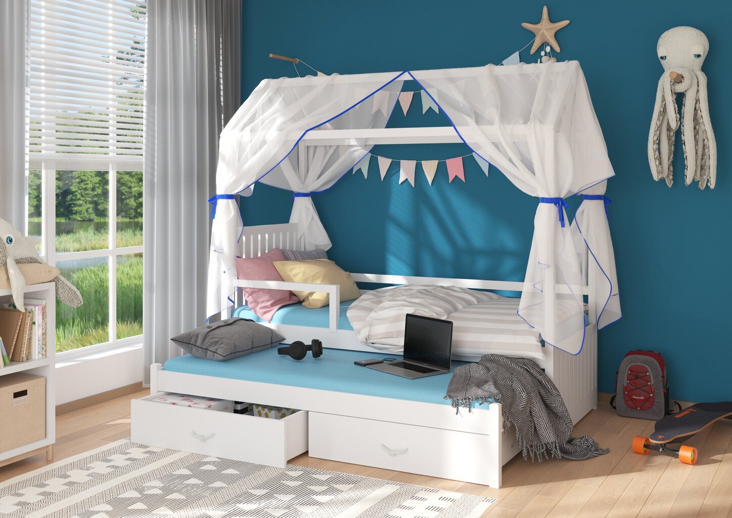 Lova Adrk Furniture Jonasek su šonine apsauga, 90x200 cm, balta kaina ir informacija | Vaikiškos lovos | pigu.lt