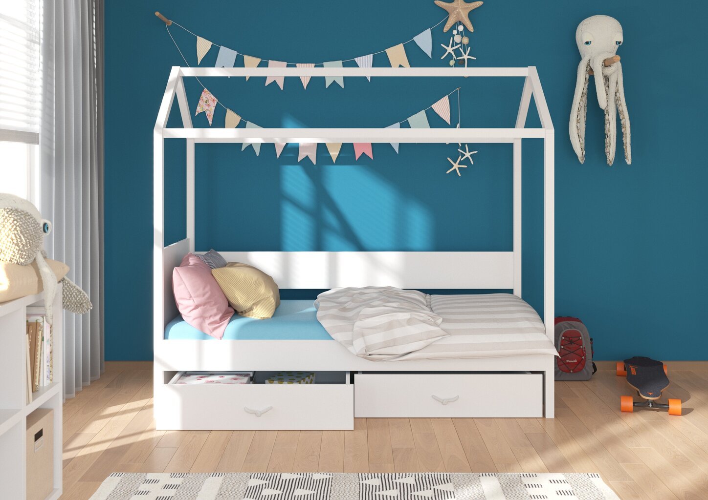 Lova Adrk Furniture Otello su šonine apsauga, 90x200 cm, balta/ruda kaina ir informacija | Vaikiškos lovos | pigu.lt