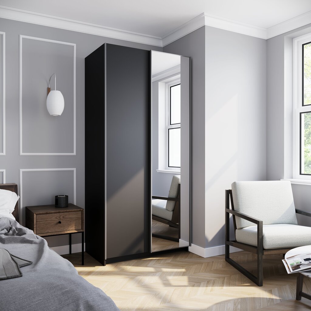 Spinta ADRK Furniture su veidrodžiu Ricco 100, juoda kaina ir informacija | Spintos | pigu.lt