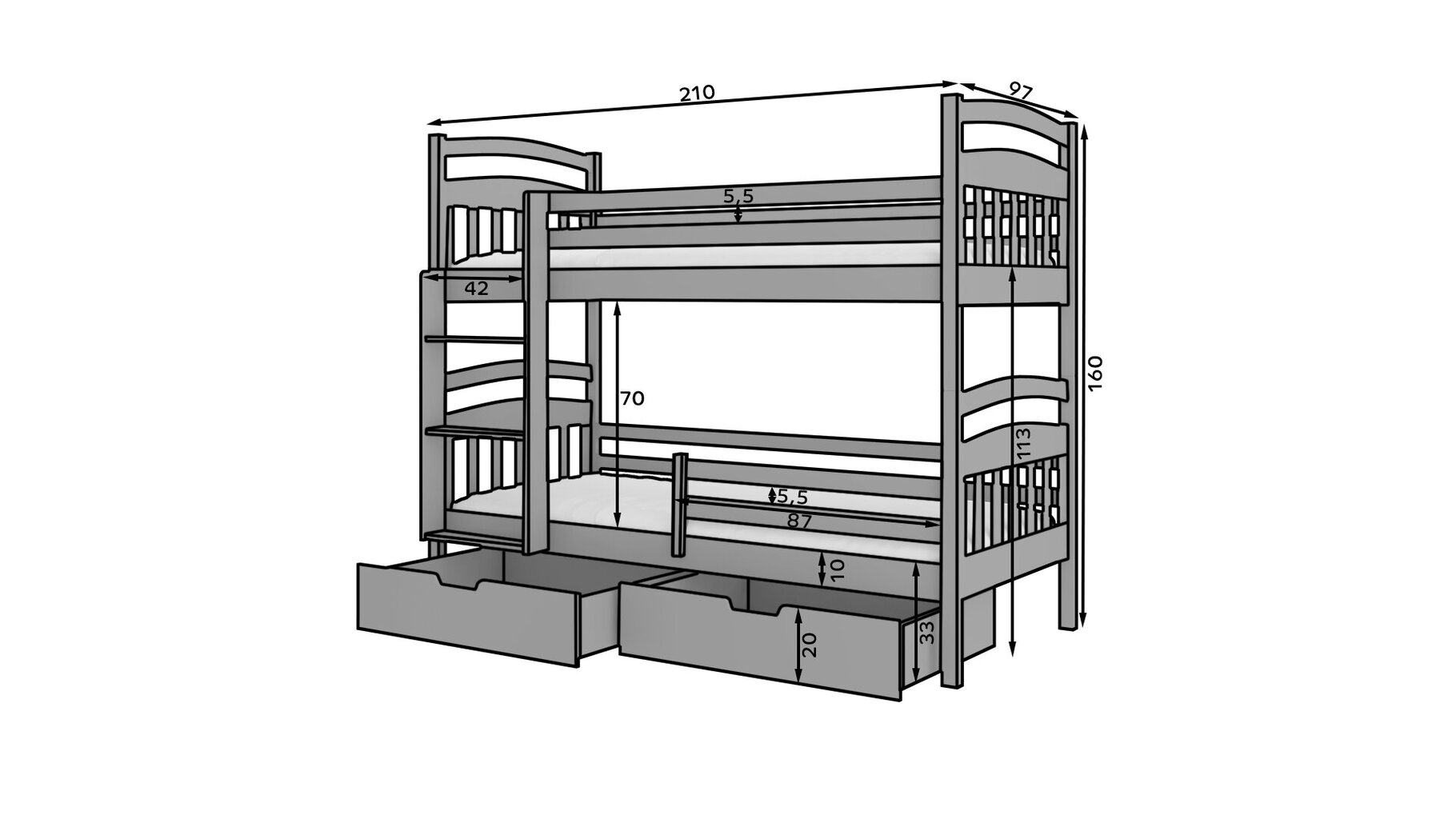 Dviaukštė lova ADRK Furniture Ada 90x200cm, pilka kaina ir informacija | Vaikiškos lovos | pigu.lt