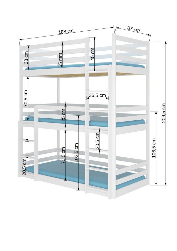 Dviaukštė lova Adrk Furniture Tedro, 80x180 cm, pilka kaina ir informacija | Vaikiškos lovos | pigu.lt