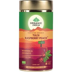 Aromatinga biri šildanti ajurvedinė arbata Tulsi Raspberry Peach Organic India, 100g kaina ir informacija | Arbata | pigu.lt