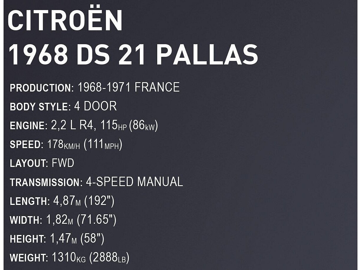 Konstruktorius Cobi Citroen DS 21 Pallas 1968 1/12 24348, 2265 d. kaina ir informacija | Konstruktoriai ir kaladėlės | pigu.lt