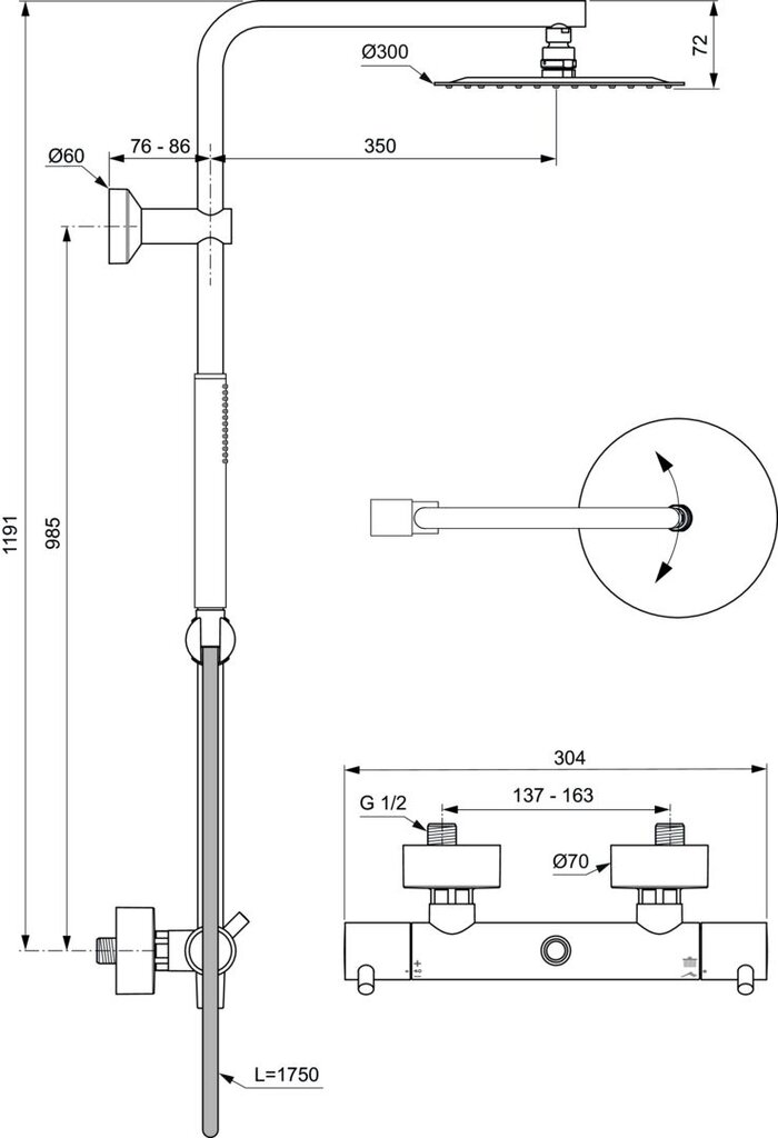 Dušo sistema Ideal Standard Ceratherm T125, Brushed Gold kaina ir informacija | Dušo komplektai ir panelės | pigu.lt