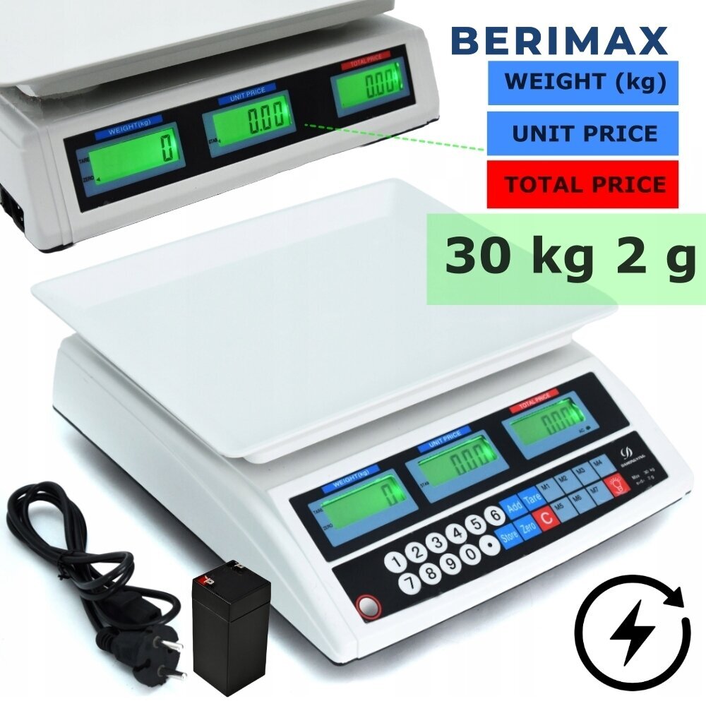 Prekybinės svarstyklės Berimax 30 kg 2 g su įkraunamu akumuliatoriumi цена и информация | Pramoninės svarstyklės | pigu.lt