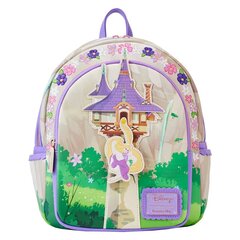 Размер: 22,5х28,75х12,5 см. Мини-рюкзак Loungefly Disney Tangled Rapunzel Swinging from the Tower изготовлен из веганской кожи (полиуретана) и оснащен металлической фурнитурой цвета розового золота. Сумка оснащена регулируемыми плечевыми ремнями, боковыми карманами, заклепкой для подвижных деталей и силиконовым шармом. Дополнительные функции включают аппликацию, детали с принтом, тиснением и вышивкой. Обратите внимание на гармоничную внутреннюю подкладку. цена и информация | Школьные рюкзаки, спортивные сумки | pigu.lt