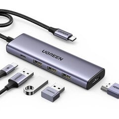 Ugreen CM511 Multifunctional HUB 5in1 USB-C/HDMI 1.4/USB-A/USB-C gray цена и информация | Адаптеры, USB-разветвители | pigu.lt