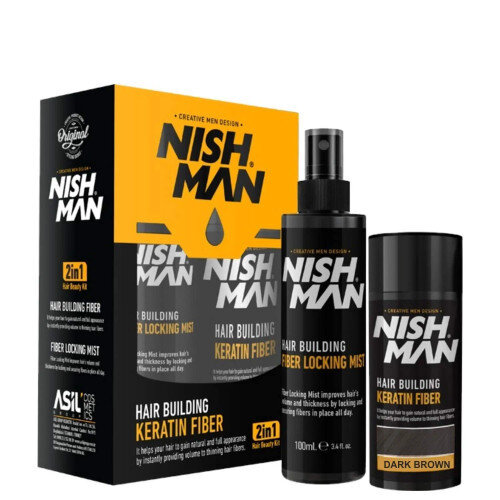 Plaukų pudra + fiksavimo dulksna Nishman Hair Building Keratin Fiber & Locking Mist Spray Set vyrams kaina ir informacija | Plaukų formavimo priemonės | pigu.lt